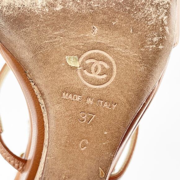 Chanel EU 37 2012 Cruise Tan Leather Camellia Flower T-Strap Cork Wedge Sandals - Picture 16 of 16